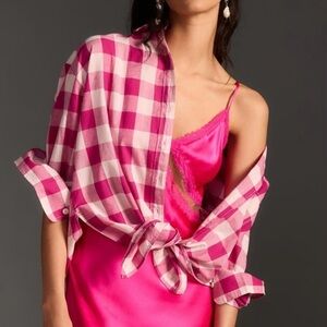 Anthropologie Maeve The Bennet Buttondown Shirt Pink Buffalo Check Size L